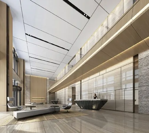Modern lobby with architectural wall and ceiling finishes