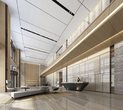 Modern lobby with architectural wall and ceiling finishes