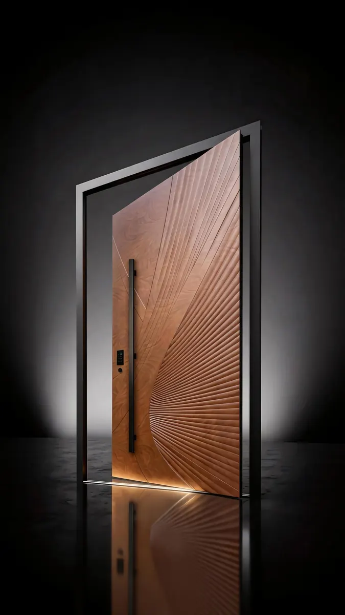 Modern wood-finish entrance door with a smart lock