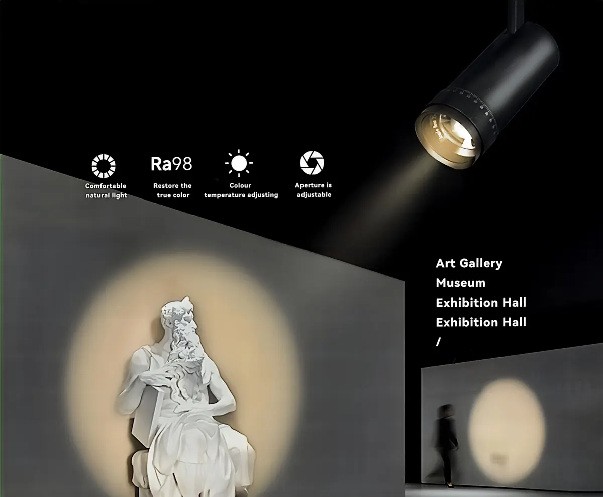 Adjustable spotlight illuminating an art gallery