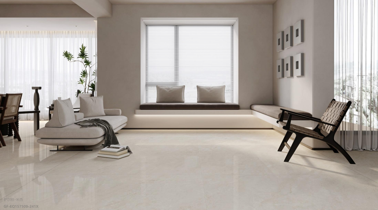 Large format light tiles in a modern living room