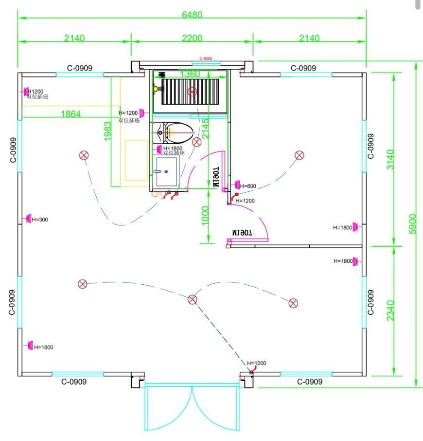 One-bedroom floor plan for the 20ft double-wing expandable container house