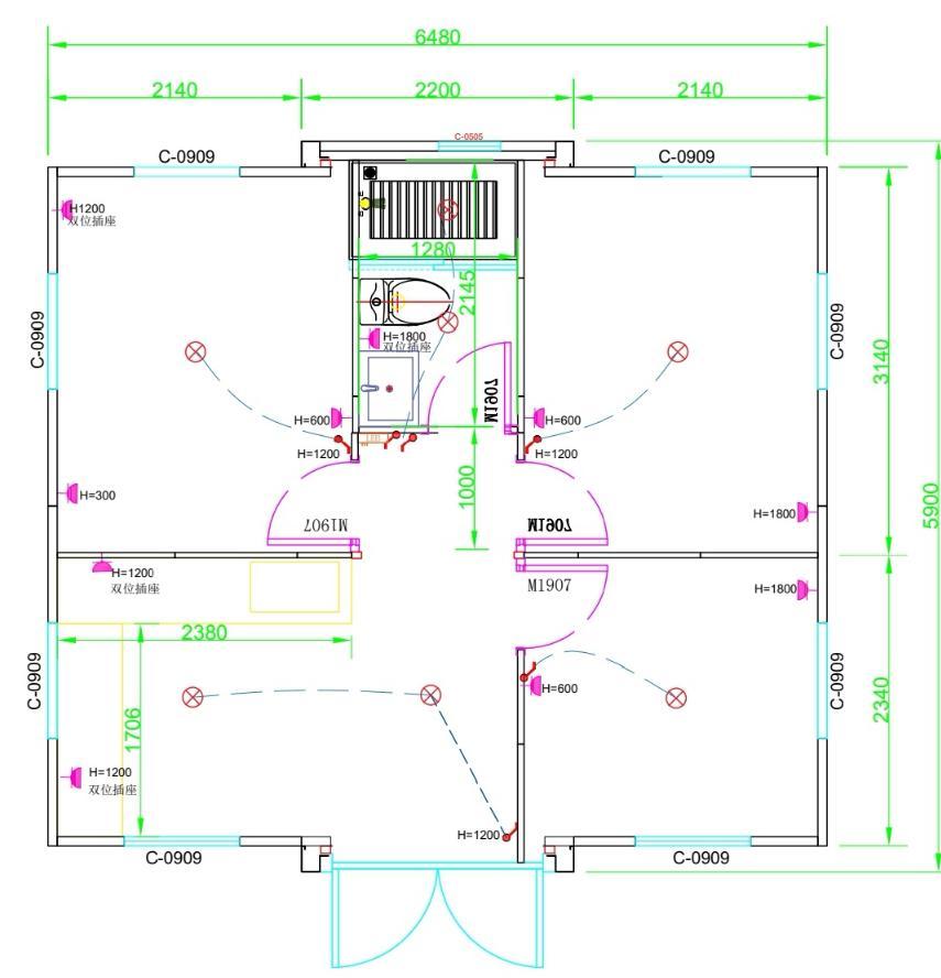 Three-bedroom floor plan for the 20ft double-wing expandable container house