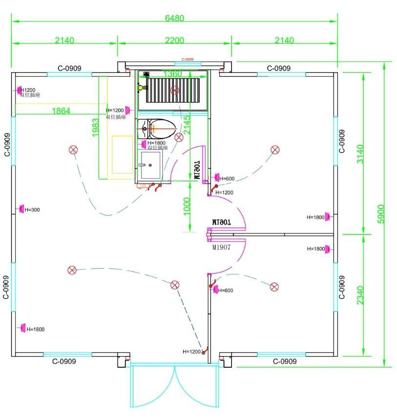 Two-bedroom floor plan for the 20ft double-wing expandable container house